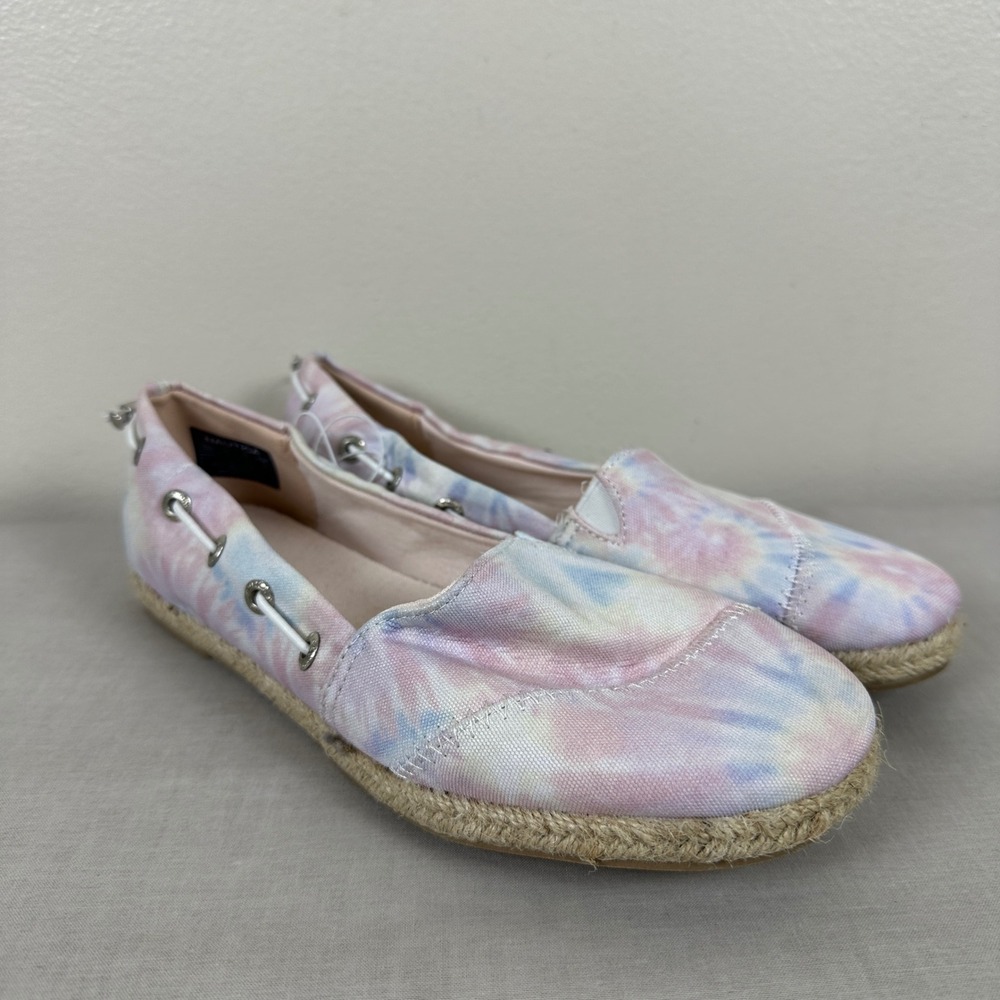 Nautica Women's 6.5 Rudder Espadrille Flat Pink Blue Tie Dye Canvas Boho